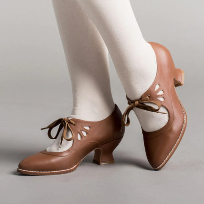 Women's Vintage Lace-Up Leather Heels
